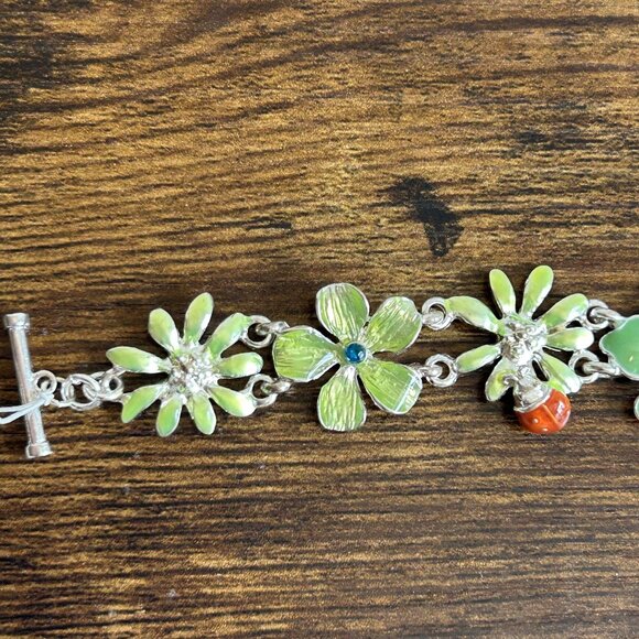 NWT Dillards Silver Green Flower Ladybug Bracelet 7" Sensitive Skin Rhinestones - Picture 5 of 11